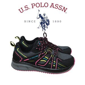 🇺🇸 US POLO ASSN Women’s Black Mesh Neon Pink Accent Athletic Sneakers SIZE 6.5